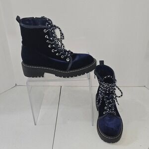 Navy Blue Velvet Combat Boots Lug Sole Lace Up Side Zip Ankle Boots 6 US/ 37 EU